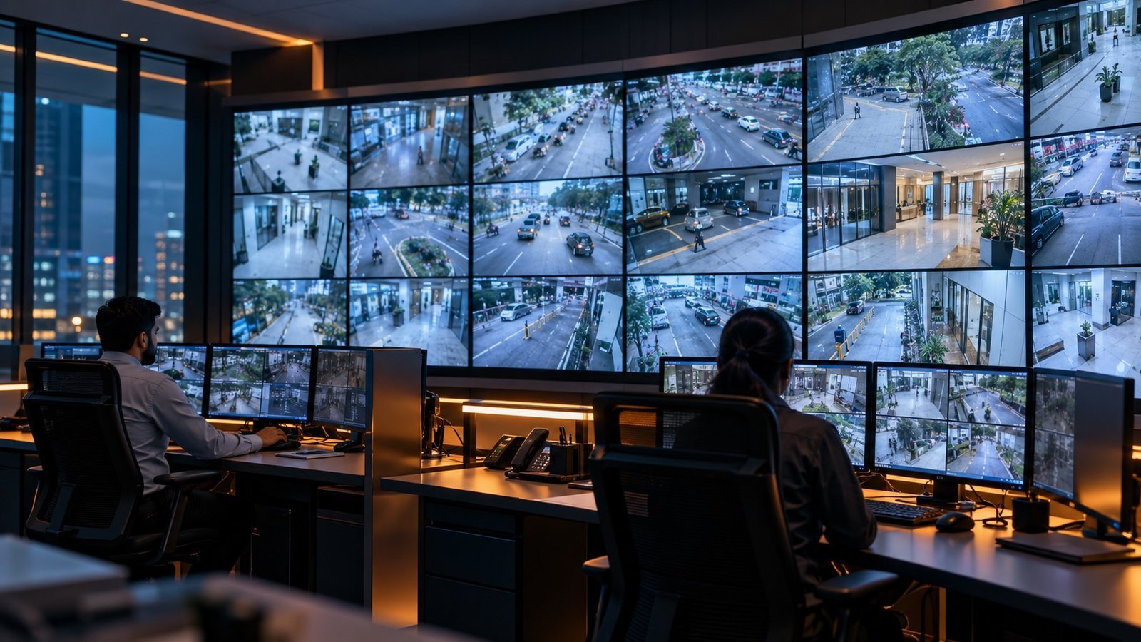 Security command and control room with a curved video wall