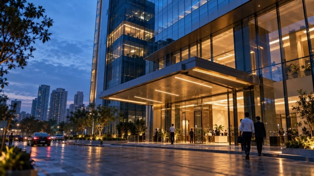 Glass-fronted corporate office tower at dusk