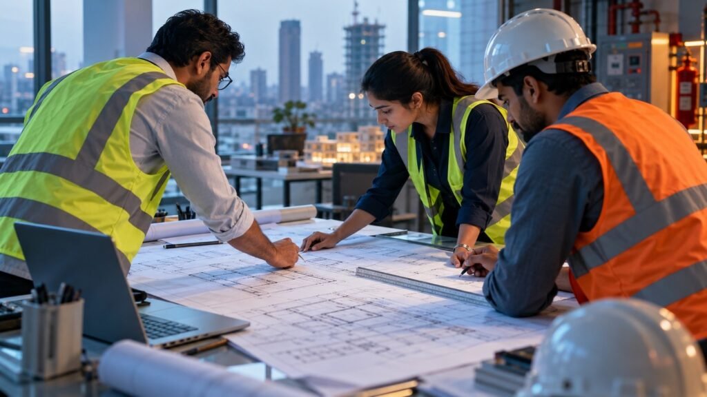 Engineers reviewing building floor plans and system schematics
