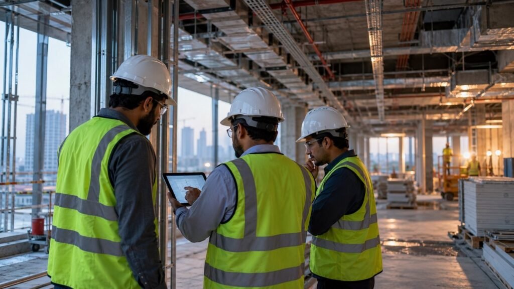Engineers in hard hats reviewing plans inside a building under construction